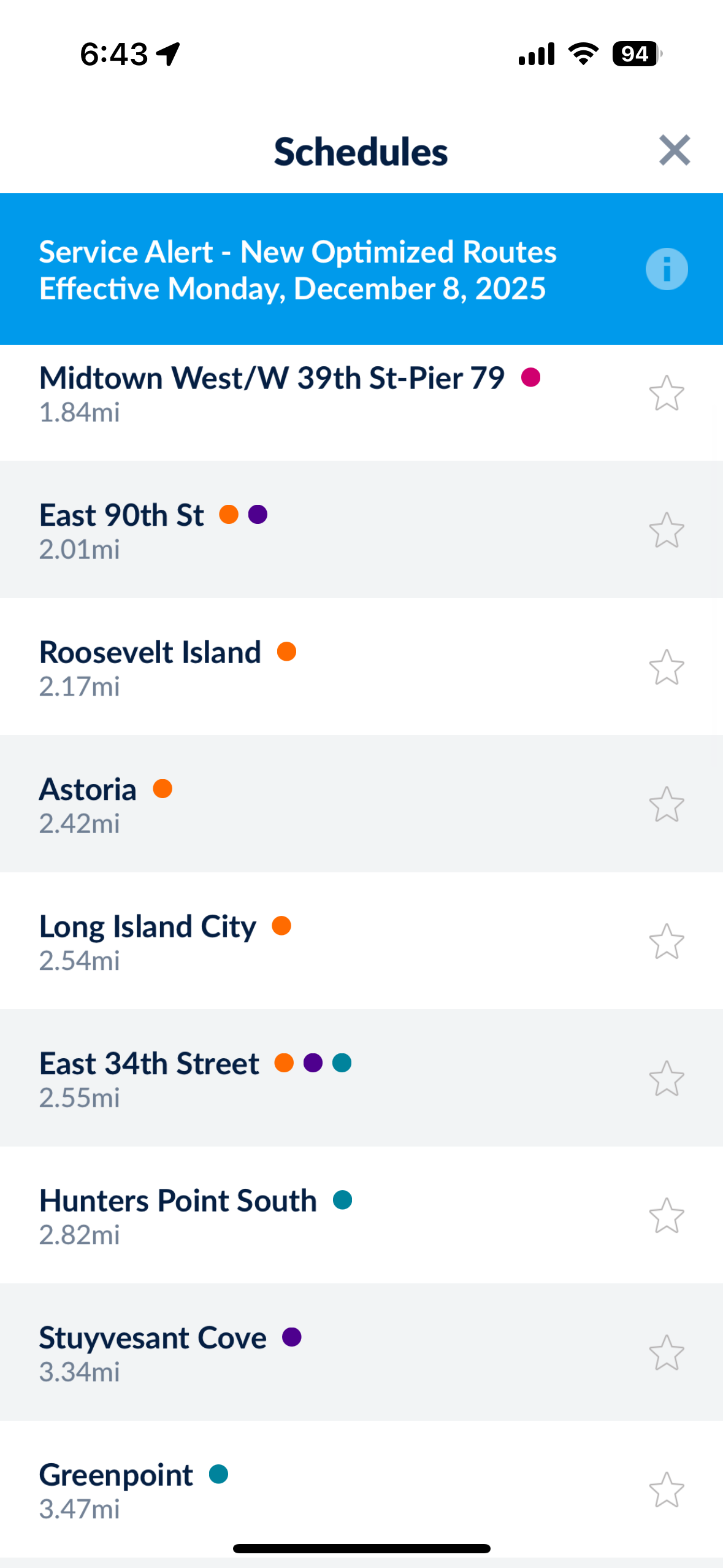 NYC Ferry app schedules screen — undifferentiated list of all stops